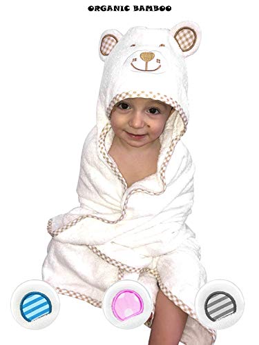 Product Cover Organic Baby Bath Towel and Washcloth set-Unisex Bamboo Hooded Towels for Girls and Boys- Registry Gift For Newborn, Toddler, and Kids Beach Cotton- Beach- with Animal Face Robe with Hood - White/Blue