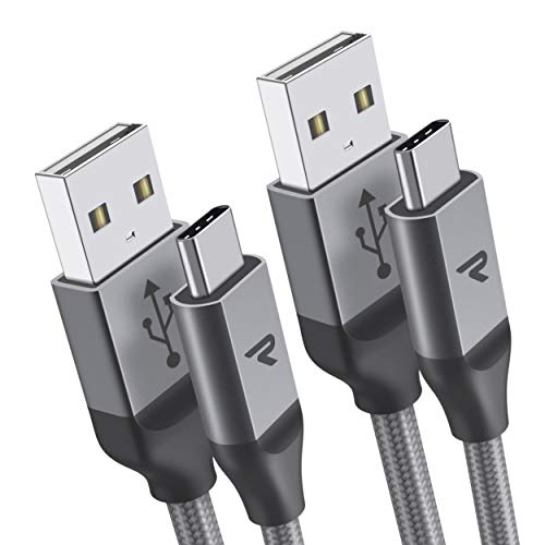 Product Cover RAMPOW Braided USB C Cable (2-Pack, 6.5ft + 6.5ft), QC 3.0 Fast Charging USB 2.0 Type C Cable for Galaxy S10/S9/S8, LG G8/G7/G6, Moto Z, Switch and More - Heavy Duty, Silver
