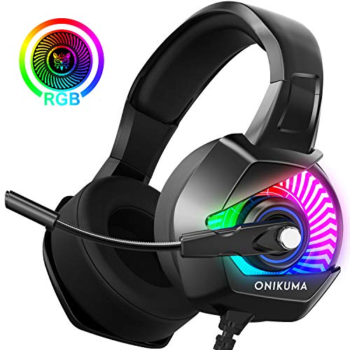 Product Cover Gaming Headphones - ONIKUMA PS4 Gaming Headset with Mic, 7.1 Surround Sound& RGB LED Light, Noise Canceling Earpads, Soft Memory Earmuff for PS4, Xbox One, PC, Mac, Laptop, Nintendo Switch