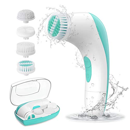 Product Cover 【2020 Upgraded】ETEREAUTY Facial Cleansing Brush, Waterproof Face Brush with 4 Brush Heads and a Protective Travel Case - Deep Cleansing, Gentle Exfoliating, Removing Blackhead for Face and Body, Cyan
