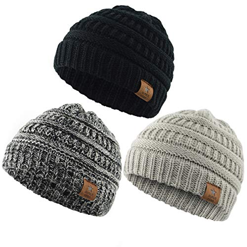 Product Cover Durio 0-2 Years Warm Winter Baby Beanies for Boys Girls Soft Thick Cozy Knitted Toddler Infant Winter Hat Babies Caps 3 Pack Black & Light Grey & Black White