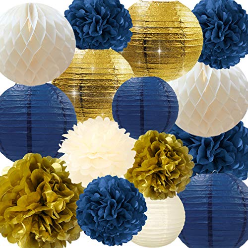Product Cover NICROLANDEE Navy Party Decorations Navy and Gold Glitter Paper Lanterns Tissue Pom Poms Hanging Honeycomb Ball for Baby Shower Birthday Wedding Bridal Shower Home Decor Valentines Decorations