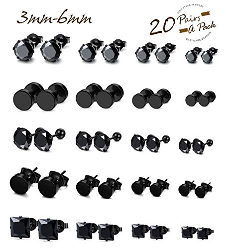 Product Cover FIBO STEEL 20 Pairs Stainless Steel Black Stud Earrings for Men Women Earring Set CZ Inlaid