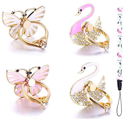 Product Cover 4 Pack Phone Ring Stand, Diamond Bling Butterfly Cell Phone Kickstand Grip, 360 Rotation Universal Multi Angle Metal Phone Ring Holder (2 Butterfly, 2 Swan, 1 Strip)