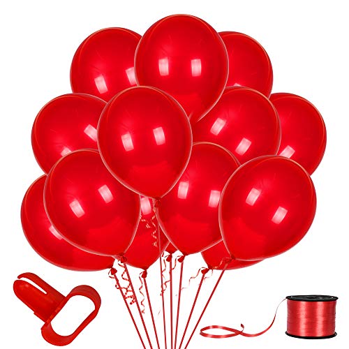 Product Cover 100Pack Red Balloons, 12inch Red Latex Balloons Premium Helium Quality Red Balloons for Party Supplies and Decorations(with Red Ribbon) ...