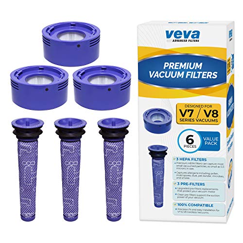 Product Cover VEVA 6 Pack Premium Vacuum Filter Set with 3 Pre Filters and 3 HEPA Filters Compatible with Dyson V7 & V8 Absolute and Animal Cordless Vacuums, Part # 965661 & 967478
