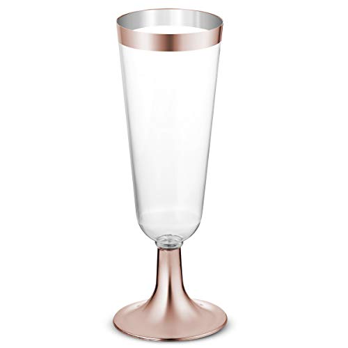 Product Cover 50 Plastic Rose Gold Rimmed Champagne Flutes | 5.5 oz. Clear Hard Disposable Party & Wedding Cups | Premium Heavy Duty Fancy Champagne Flute or Toasting Glasses (50-Pack) Gold Rim by Bloomingoods