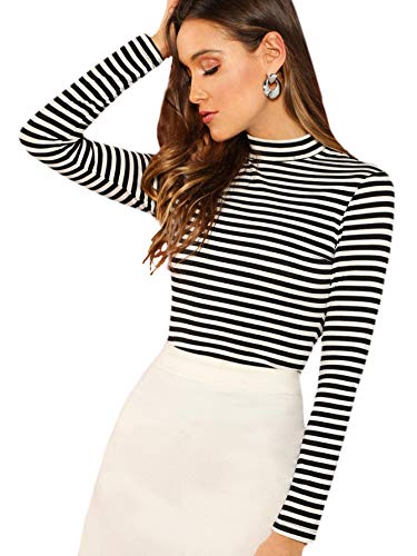 Product Cover Floerns Women's High Neck Long Sleeve Slim Fit Stretch Striped T-Shirts Black and White M