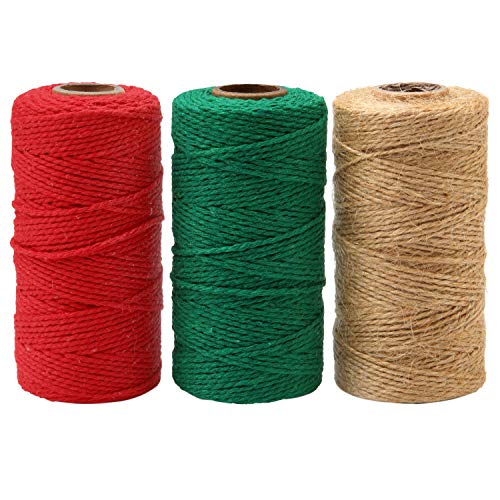 Product Cover Resinta 3 Rolls 984 Feet Christmas Twine Thick Jute String Rope Cotton Baker Twine for DIY Craft Christmas Gift Wrapping (Green，Red，Natural)
