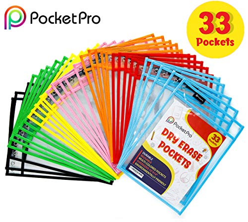 Product Cover Pocket Pro 33 Dry Erase Pockets | Clear Plastic Reusable Sleeves | Multi-Colored Sheets | 10 x 14 inches | Teacher Supplies for Classroom Organization 33 Pack