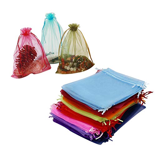 Product Cover HRX Package 100pcs Organza Drawstring Bags Mixed Color, 6.5 x 8.9 inches Christmas Wedding Shower Party Favors Gift Mesh Bags Pouches for Jewelry Makeup