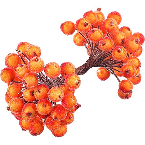 Product Cover Tatuo Pack of 200 Pieces Frosted Fruit Holly Berries Mini Christmas Artificial Berry Flower for Home, Wedding, Party, Birthday, DIY Decoration (Orange)