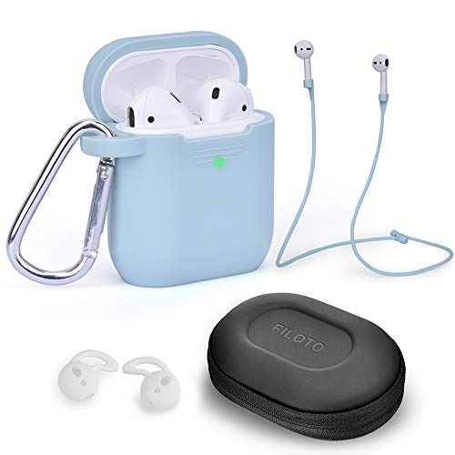 Product Cover Airpods Accessories Set, Filoto Airpods Waterproof Silicone Case Cover with Keychain/Strap/Earhooks/Accessories Storage Travel Box for Apple Airpod 2&1(Light Blue)