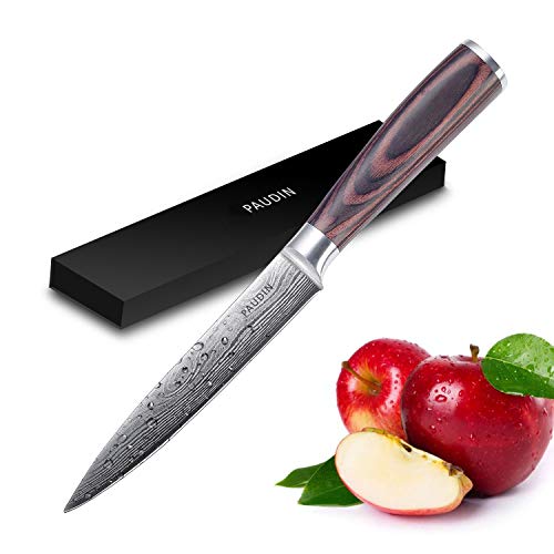 Product Cover Utility Knife - PAUDIN 5 inch Chef Knife German High Carbon Stainless Steel Knife, Fruit and Vegetable Cutting Chopping Carving Knives, Ergonomic Handle with Gifted Box