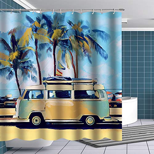 Product Cover BTTY Premium Shower Curtain Oil Painting Retro Tour Bus on Sandbeach with Palm Trees Shower Curtain with Hooks Vacation Funny Fabric Bathroom Curtain Sets VW Bus Bathroom Decoration 70x70 Inches