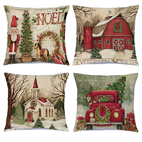 Product Cover Hlonon Christmas Pillow Covers 18 x 18 Inches Set of 4 - Xmas Series Cushion Cover Case Pillow Custom Zippered Square Pillowcase (1 Christmas)