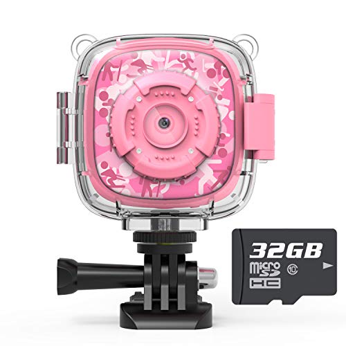 Product Cover AKAMATE Kids Action Camera Waterproof Video Digital Children Cam 1080P HD Sports Camera Camcorder for Boys Girls, Build-in 3 Games, 32GB SD Card (Pink)
