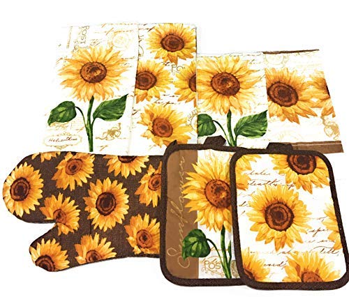 Product Cover Mainstay Sunflower Kitchen Set Includes 2 Kitchen Towels, 2 Pot Holders, 1 Oven mitt & 2 dishcloths