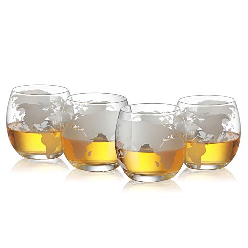 Product Cover Etched World Globe Glasses 12 oz -Set of 4 by The Wine Savant, Whiskey Scotch, Vodka Water or Juice Old Fashion Glasses, Lead Free - Beautiful Gift Box