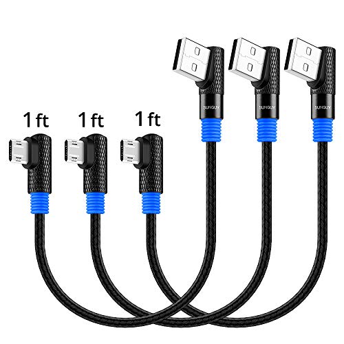 Product Cover Micro USB Cable Right Angle, SUNGUY【3Pack, 1ft x3】90 Degree Reversible Micro USB to USB A Braided Cord Fast Charging& Data Sync for Samsung Galaxy S6 Edge S5, LG G4 V10, Moto E5 G5S Plus (Black)
