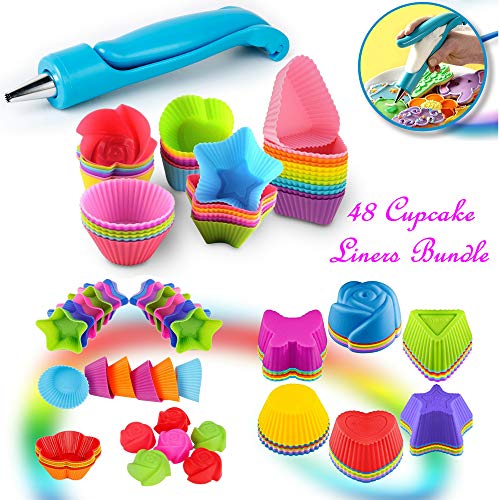 Product Cover Cupcake Baking Cup Molds Bundle Easy Clean Pastry Liners 48 Nonstick Reusable Silicone Muffin Molds with Icing Pen Cupcake & Cake Decorating Pen Set