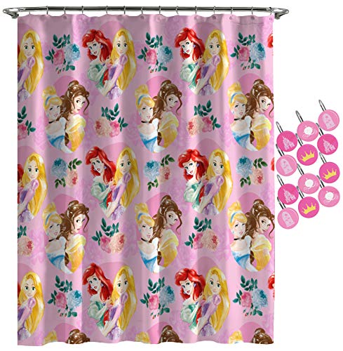 Product Cover Jay Franco Disney Princess Sassy Shower Curtain & 12-Piece Hook Set & Easy Use - Kids Bath Set Features Belle & Cinderella (Official Disney Princess Product)