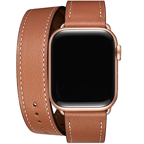 Product Cover WFEAGL Compatible Watch Band 38mm 40mm 42mm 44mm, Top Grain Leather Double Tour Band for Watch Series 5,Series 4,Series 3,Series 2,Series 1,Sport Edition (Brown Band+Rose Gold Adapter, 38mm 40mm)