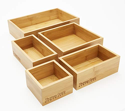 Product Cover 5-Piece Bamboo Storage Box & Organizer Set - Thomas Grace Homewares. Multi-Sized Set of 5 Bamboo Boxes Perfect for Kitchen, Office, Jewellery, Junk, Bath/Bedroom Drawers, or Anywhere Around The Home