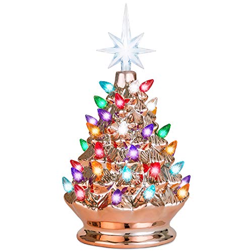 Product Cover Best Choice Products 9.5in Pre-Lit Hand-Painted Ceramic Tabletop Christmas Tree Holiday Decor w/Multicolored Lights, 3 Star Toppers - Rose Gold