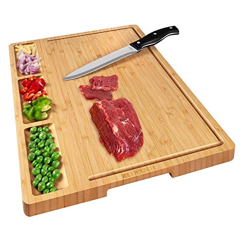 Product Cover HHXRISE Large Organic Bamboo Cutting Board for Kitchen with Tray, with 3 Built-in Compartments and Juice Grooves, Heavy Duty Chopping Board Serving Tray, Butcher Block, Carving Board, BPA Free