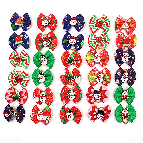 Product Cover MaSue Pets 20pcs/Pack Dog Hair Bows for Christmas with Rubber Bands Dog Bows Bowknot Snowman Snowflakes Christmas Dog Bows Snowman Dog Topknot Bows Pet Grooming Products