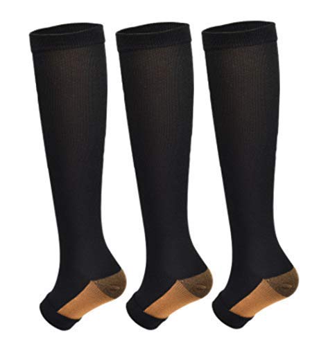 Product Cover 3Pairs Copper Open Toe Toeless Compression Socks(15-20mmHg) for Men and Women Knee High Stocking (Black, L/XL)