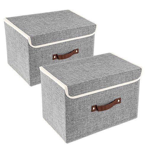 Product Cover TYEERDEC Foldable Storage Bins 2 Pack Storage Boxes with Lids and Handles Storage Baskets in Cotton and Linen Storage Organizers for Toys, Shelves, Clothes, Papers and Books etc. (Gray)
