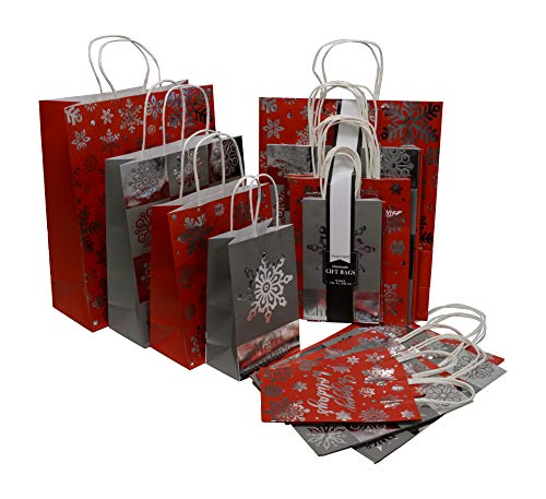 Product Cover Christmas Gift Bags in 4 Assorted sizes Small Medium Large and X-Large Kraft Paper With Metallic Hot Stamp in Assorted Colors Red, and Silver, for Holiday Gift Giving and Party Favors (Set of 20 Bags)