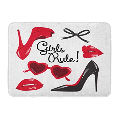 Product Cover Emvency Bath Mat Heel Red and Black Collage High Heeled Shoes Heart Shaped Glasses Glossy Lips Ribbon Bow Girls Rule Sexy Bathroom Decor Rug 16