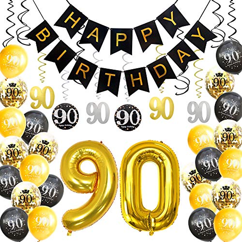 Product Cover HankRobot 90th Birthday Decorations Party Supplies（42pack） Gold Number Balloon 90 Happy Birthday Banner Latex Balloons(Black, Golden) Confetti Balloons -Great for 90 Ninety Years Old Birthday Party