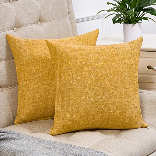Product Cover Anickal Set of 2 Mustard Yellow Pillow Covers Cotton Linen Decorative Square Throw Pillow Covers 18x18 Inch for Sofa Couch Decoration