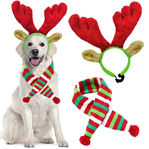 Product Cover Malier Christmas Holiday Elk Reindeer Antlers with Ears and Red-White-Green Striped Scarf Set, Dog Costumes Accessories, for Dogs Puppies Cats Pet (Large)