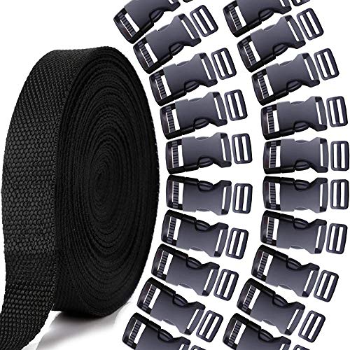 Product Cover YGDZ 10 Yards 1 Inch Nylon Webbing Strap with 20 Set 1 Inch Side Release Plastic Buckles and Tri-Glide Slides for Luggage Strap Backpack Repairing, Black