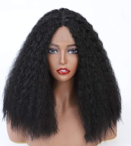 Product Cover Kinky Curly Wigs Lace Front Synthetic Afro Wig Heat Resistant Fiber Flexible Yaki Texture Realistic Looking Wig for Black Women Natural Black 14 Inches