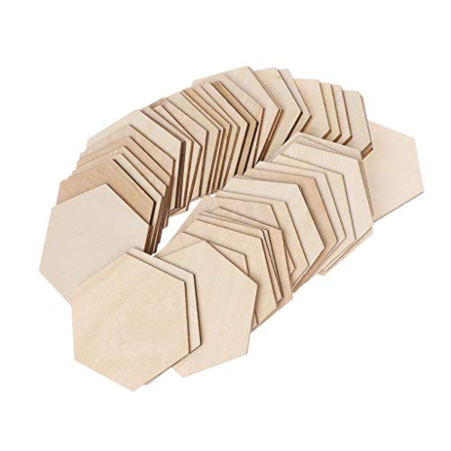 Product Cover Mgjyjy 50-200Pcs 10mm-60mm Optional Hexagon Laser Cut Unfinished Wooden Discs Crafts DIY (50Pcs, 60mm)
