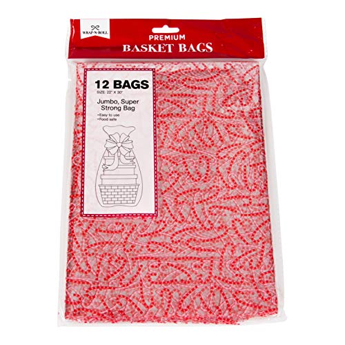 Product Cover Christmas Gift Basket Bags Clear Plastic Cellophane, 22x30 Designed with Candy Cane, for Holiday and Party Favors (Set of 12)