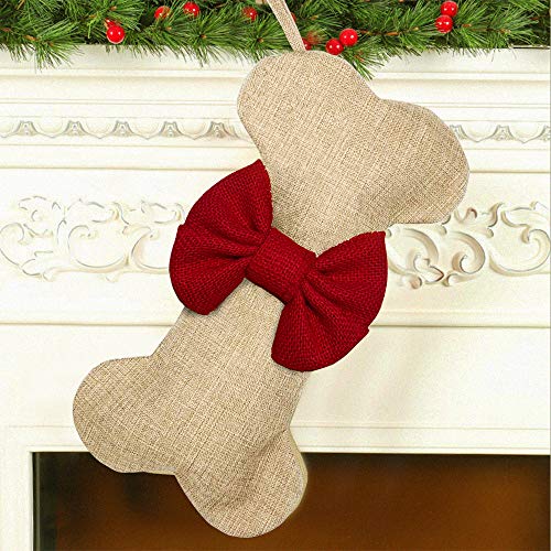 Product Cover Malier New Linen Large Christmas Stocking for Dogs Cats Pets Jute Natural Burlap Dog Bone Shape Hanging Dog Christmas Stocking, 16 x 8 Inches (Red)
