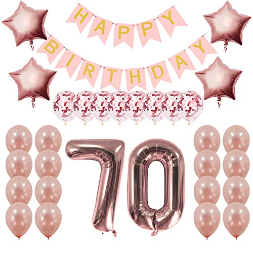 Product Cover Rose Gold 70th Birthday Decorations Party Supplies Gifts for Women - Create Unique Events with Happy Birthday Banner, 70 Number and Confetti Balloons