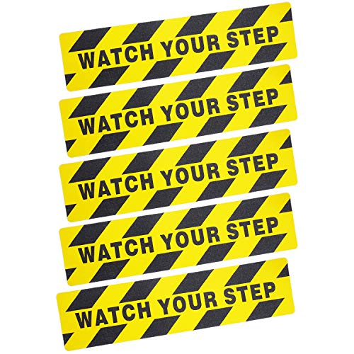 Product Cover 5 Pieces Watch Your Step Warning Sticker Adhesive Tape Anti Slip Abrasive Tape for Workplace Safety Wet Floor Caution, 6 by 24 Inches