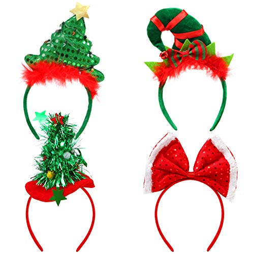 Product Cover Elcoho Christmas Headbands Elf Party Hats Christmas Tree Headband Christmas Bow Headband for Holiday Decoration, 4 Styles