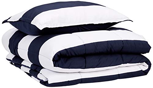 Product Cover AmazonBasics Comforter Set, Twin / Twin XL, Navy Rugby Stripes, Microfiber, Ultra-Soft