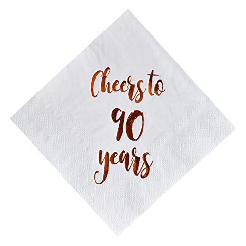 Product Cover Cheers to 90 Years Cocktail Napkins, 50-Pack 3ply White Rose Gold 90th Birthday Dinner Celebration Party Decoration Napkin