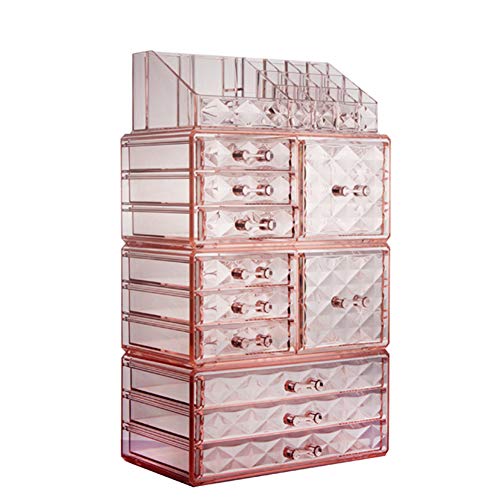 Product Cover ZHIAI Cosmetic Jewelry Organizer Makeup Holder - Acrylic Interlocking Drawers to Create Your Own Specially Designed Makeup Counter, Stackable and Interchangeable (1 Top 11 Drawers, Pink)