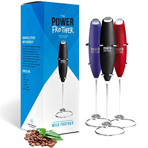 Product Cover Power Frother - Black Milk Frother for Coffee - Durable Electric Handheld - Battery Operated for Protein Powder, Collagen, Pre-Workout - Quiet & High Powered - By Omega PowerCreamer - Stand Included